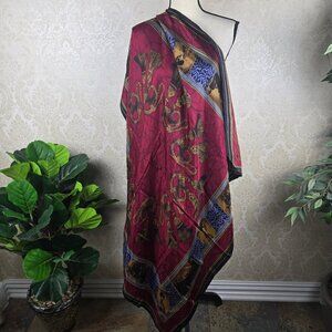 Silk Club 100% Silk Large Square Scarf Burgundy Blue Brown Vintage Classy Gift